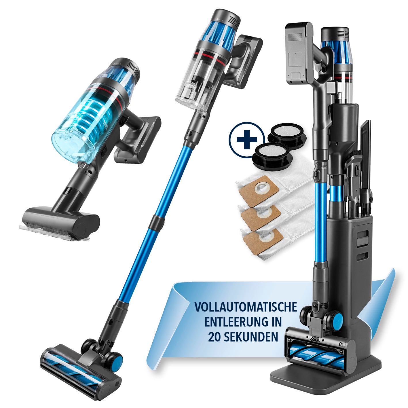 AeroTech 500 Staubsauger mit Absaugstation – grau-blauer Akku-Staubsauger mit automatischer Entleerung und Zubehörset.