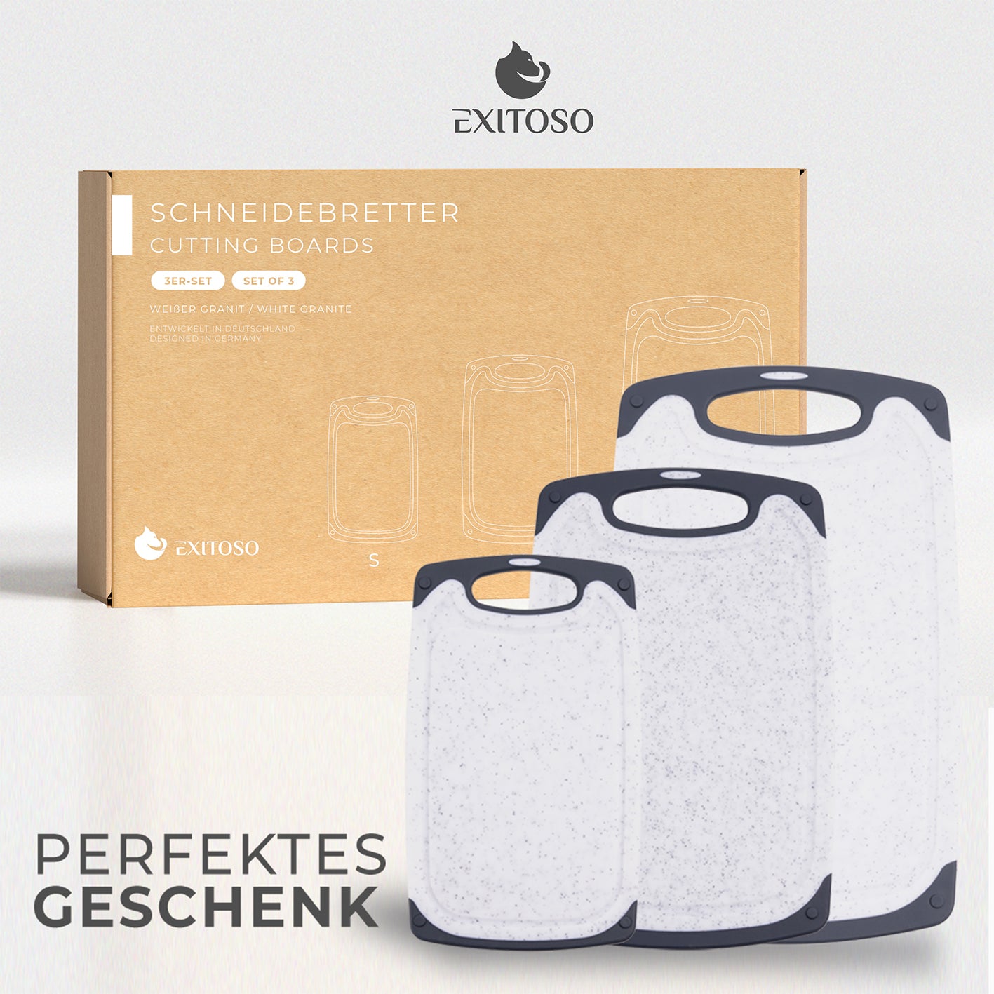 Frühstücksbrettchen - 3er-Set - Marmoroptik Weiß, rutschfest, BPA-frei, spülmaschinenfest, vielseitig nutzbar, mit praktischem Griff