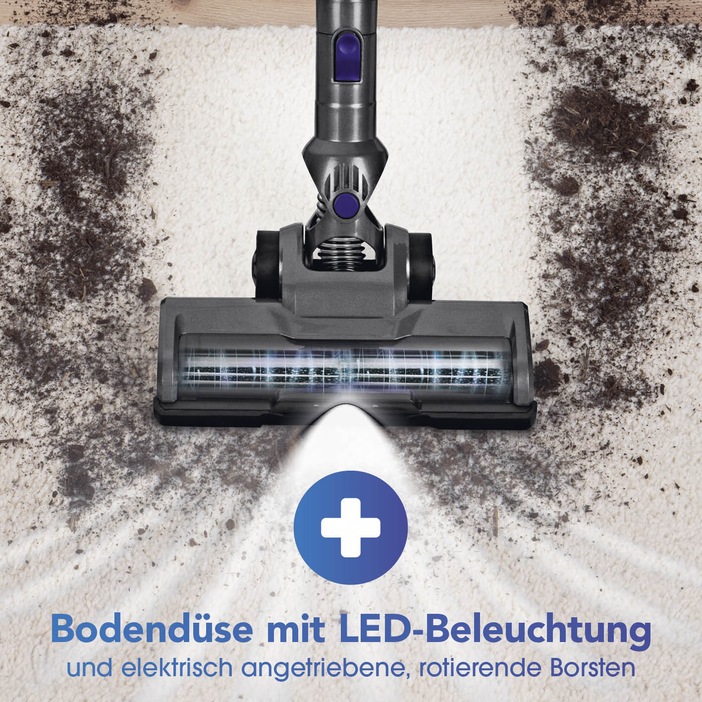 Akku-Zyklon-Staubsauger - anthrazit/lila mit Bodendüse, LED-Beleuchtung und rotierenden Bürsten für gründliche Reinigung