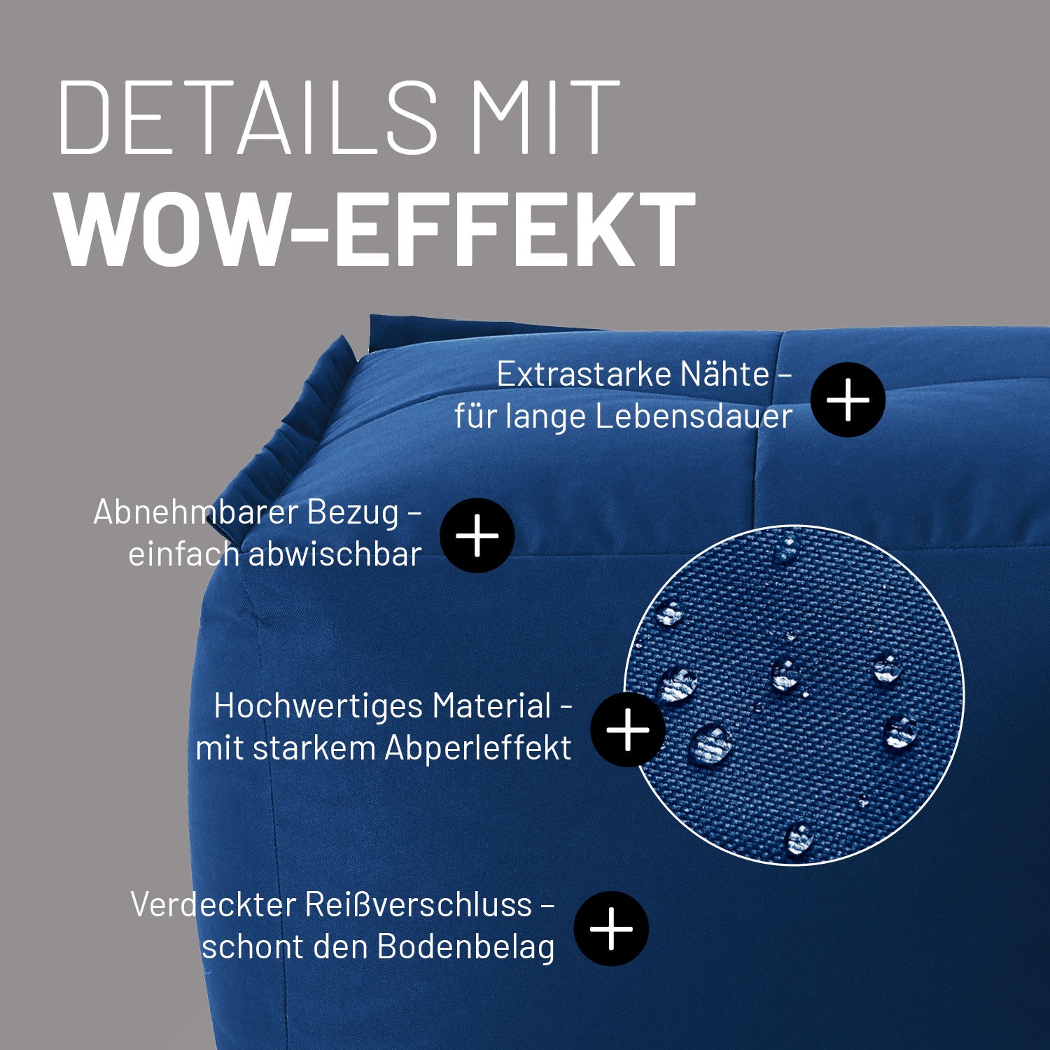 Sitzsack-Hocker (200 L) navyblau mit abnehmbarem, abwischbarem Bezug, verdecktem Reißverschluss und extrastarken Nähten für Indoor & Outdoor.