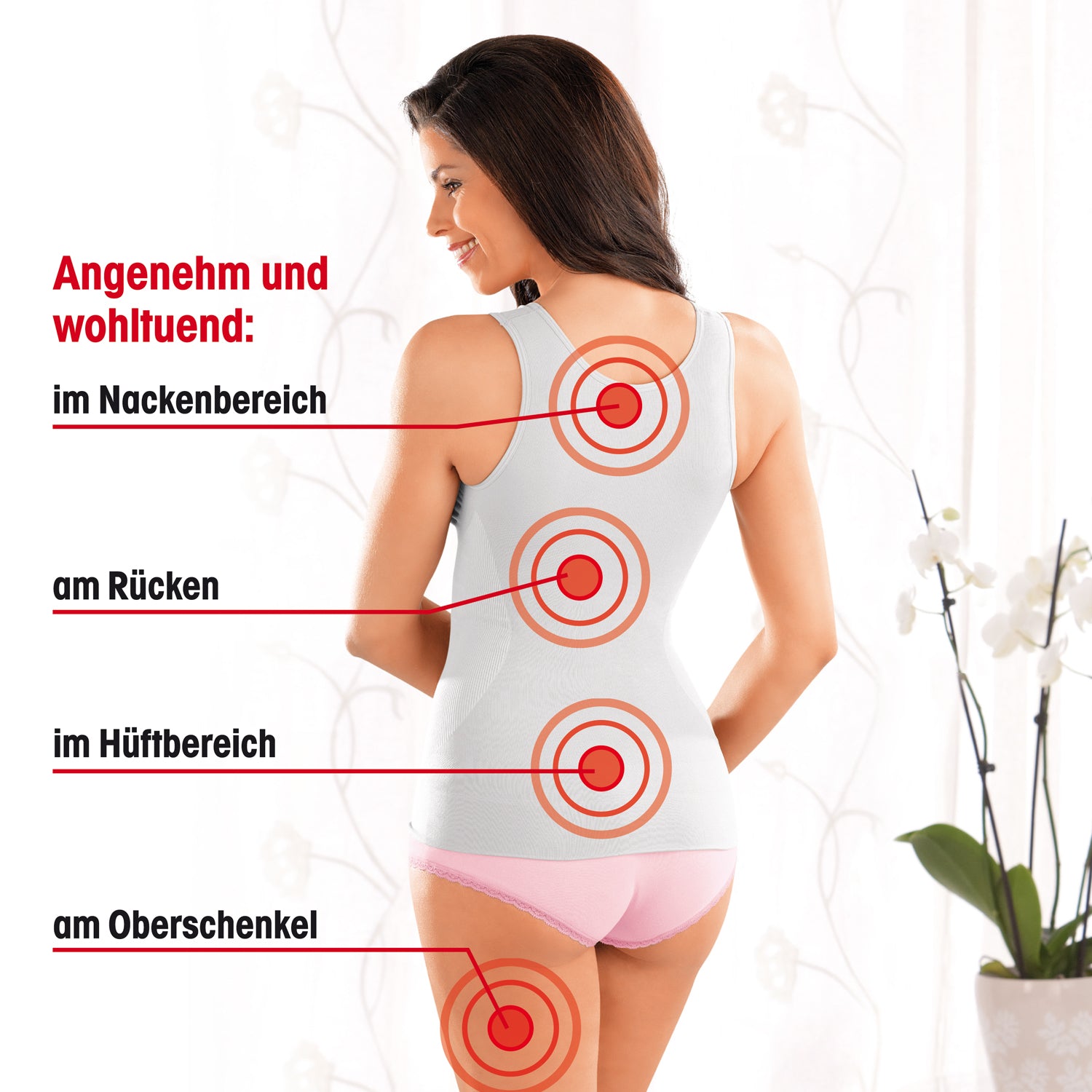 Massagematte mit Wärmefunktion zeigt Massagezonen Nacken, Rücken, Hüfte und Oberschenkel für entspannende Anwendung.