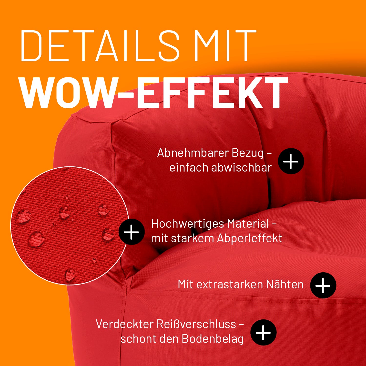 Sitzsack Lounge (320 L) Rot mit abnehmbarem Bezug, starkem Abperleffekt, extrastarken Nähten und verdecktem Reißverschluss.