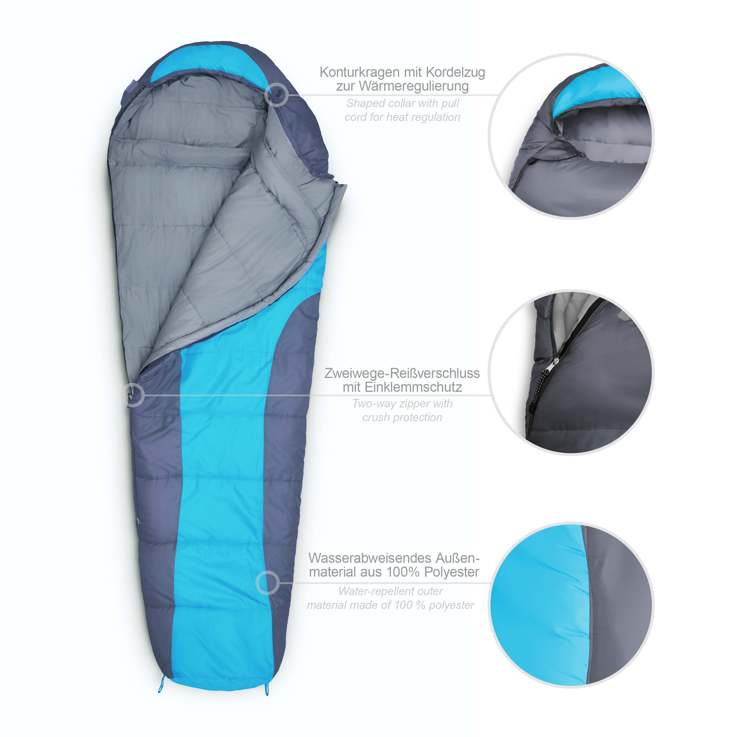 Camping Schlafsack Classic - Mumienschlafsack mit Tasche - 230 x 80 x 55 cm - Türkis