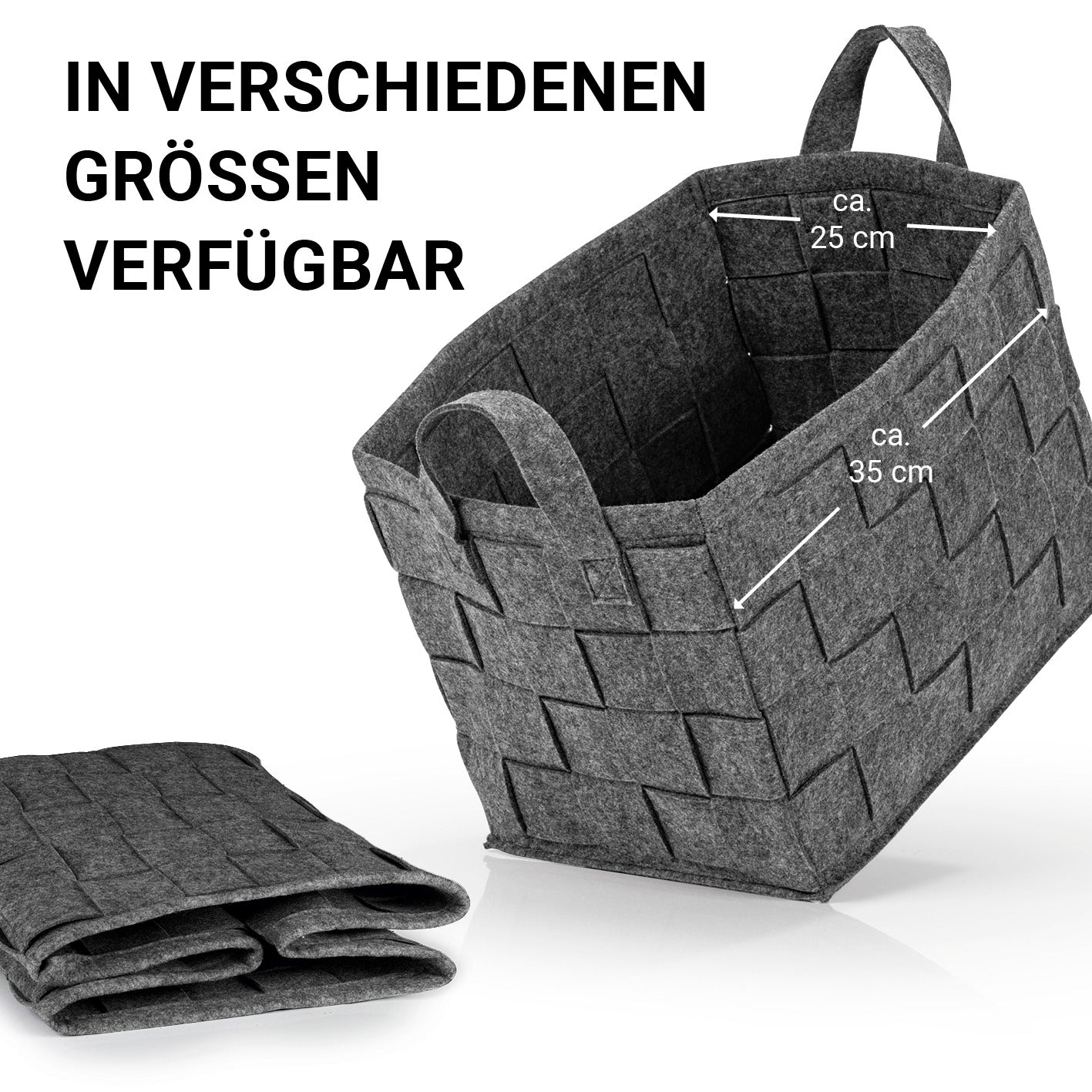 Filz-Aufbewahrungstasche M - 35 x 25 x 25 cm - Dunkelgrau, faltbar, mit Tragegriffen, moderner und vielseitiger Filzkorb für Haushalt und Möbel.
