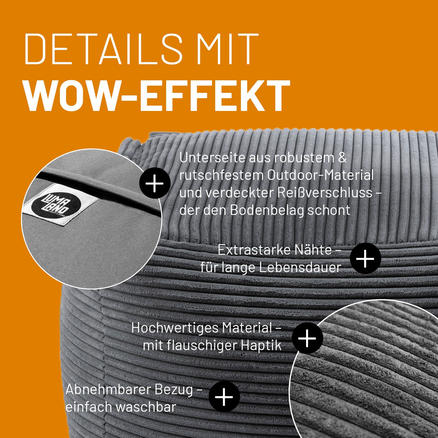 Modularer Sitzsack-Hocker aus der Cord-Reihe - Grau mit robustem Outdoor-Boden, waschbarem Bezug und flauschigem, geripptem Material.
