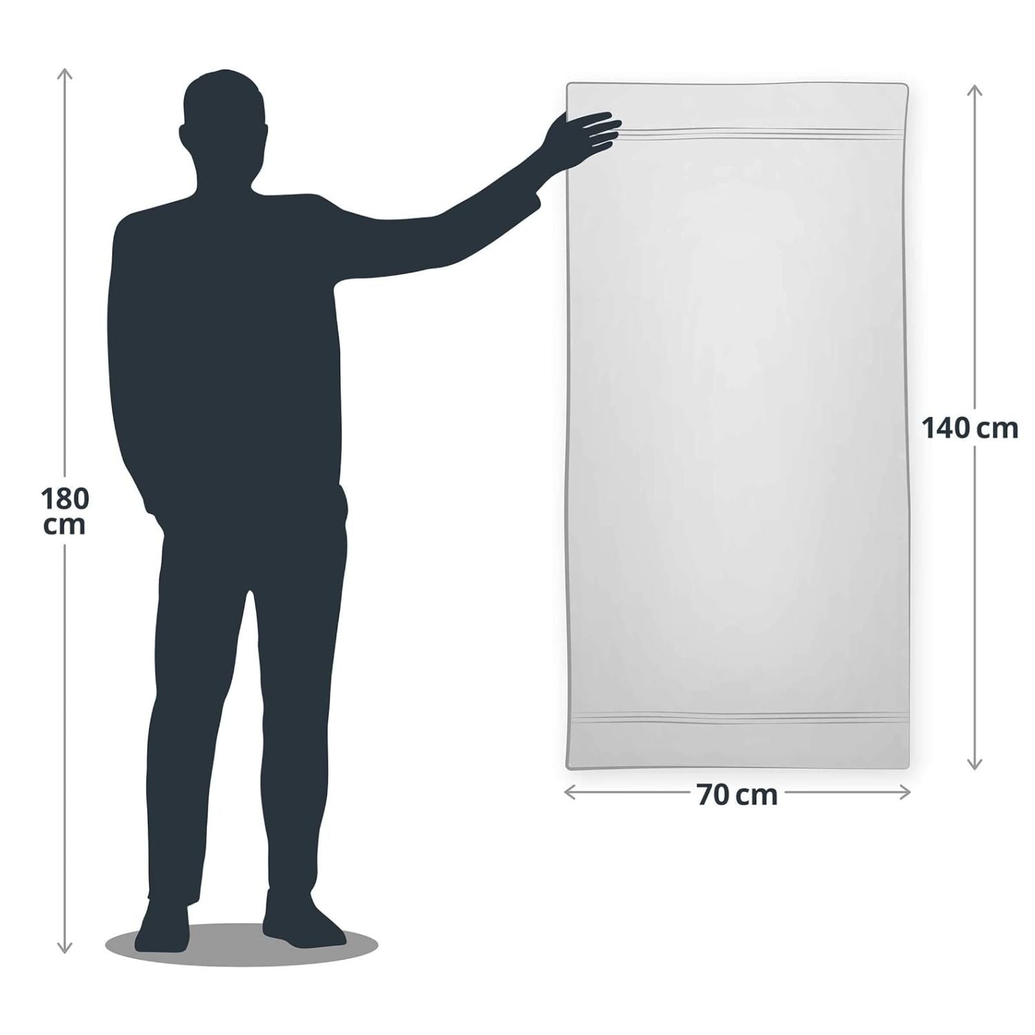 Premium Handtuch-Set - 2 Handtücher (50 x 100 cm) + 2 Badetücher (70 x 140 cm) - Türkis, Größenvergleich mit Mensch.