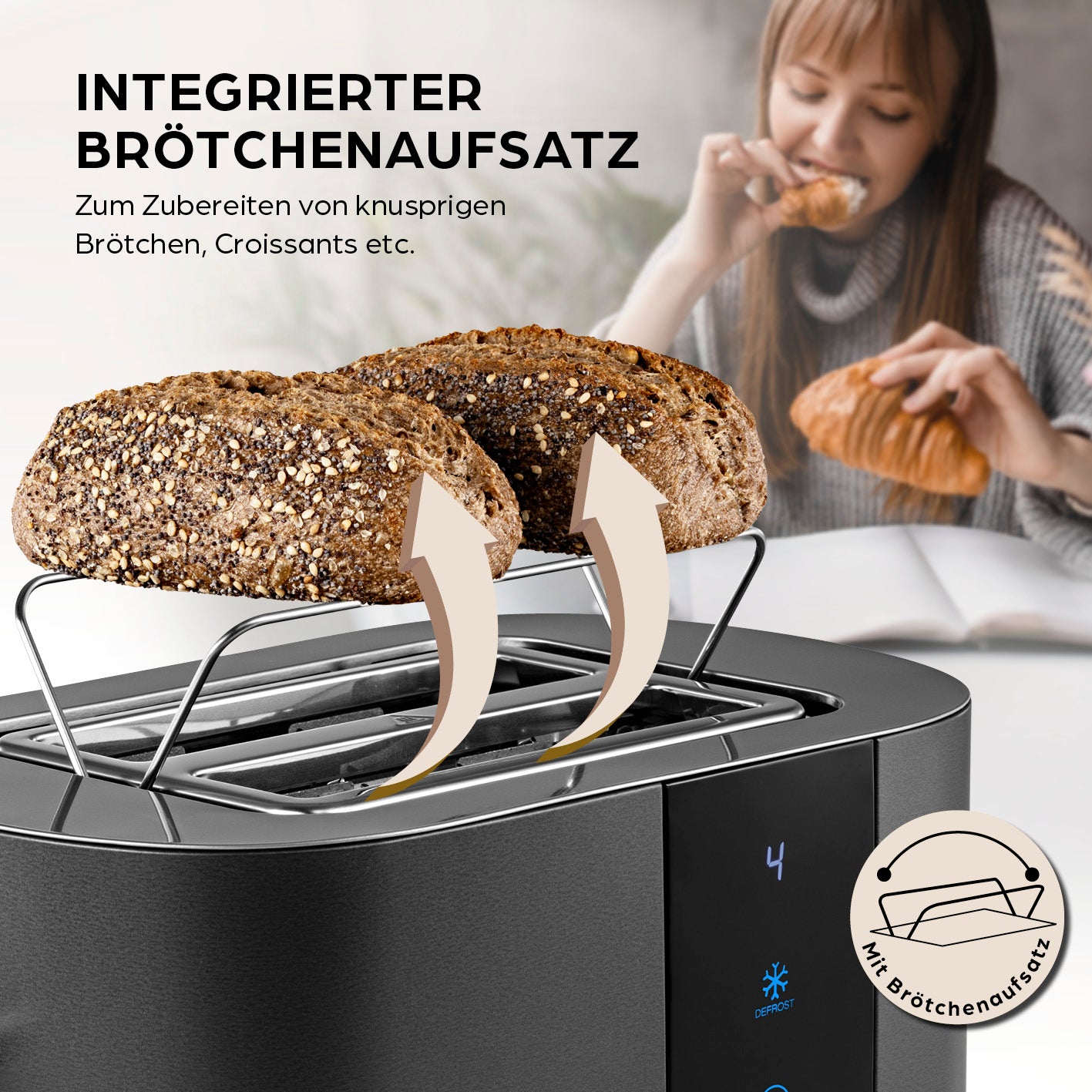 Toaster - Anthrazit mit integriertem Brötchenaufsatz zum Aufbacken von Brötchen, Croissants und mehr, modernes Design und Touchdisplay.
