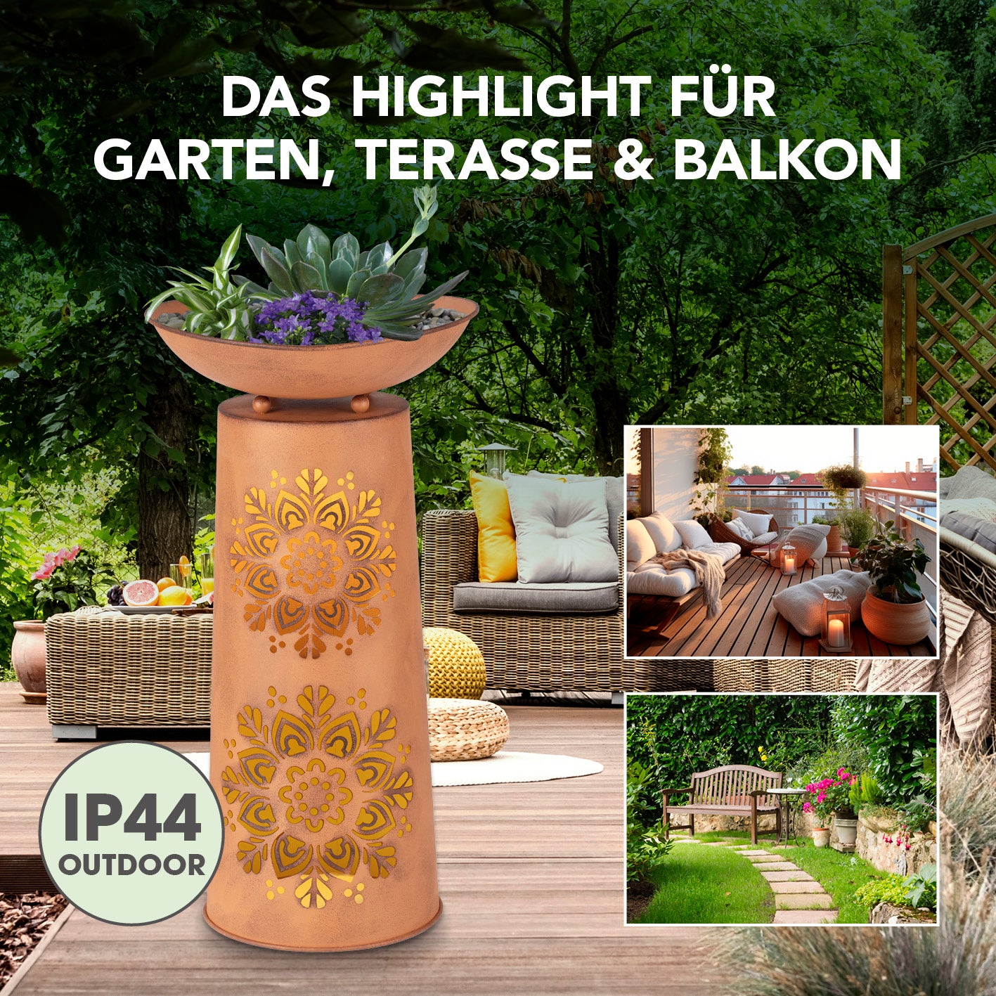 LED-Dekosäule mit Pflanzschale - Rost-Optik Mandala mit Solar-LED, Pflanzschale und filigranem Mandala-Muster für Garten, Terrasse und Balkon.