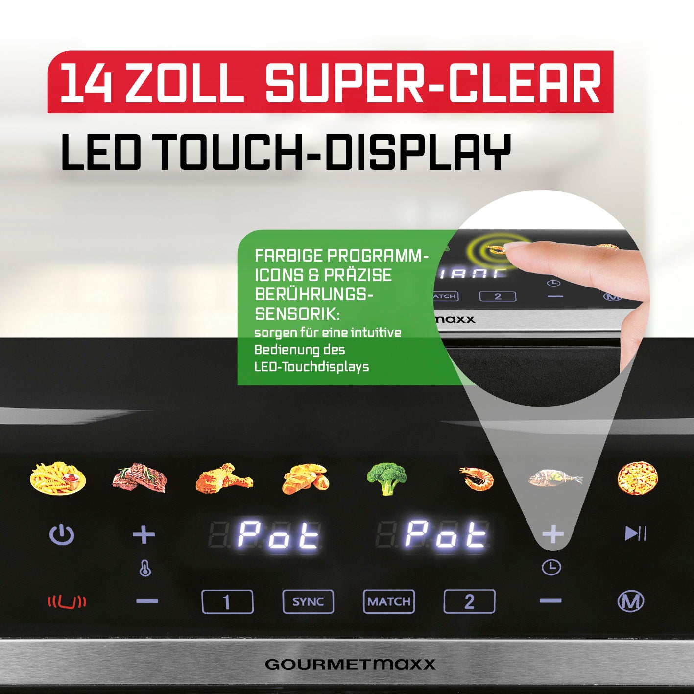 Doppelkammer-Heißluftfritteuse - 9 Liter mit 14 Zoll farbigem LED-Touchscreen und intuitiver Bedienung für vielseitiges fettarmes Frittieren.