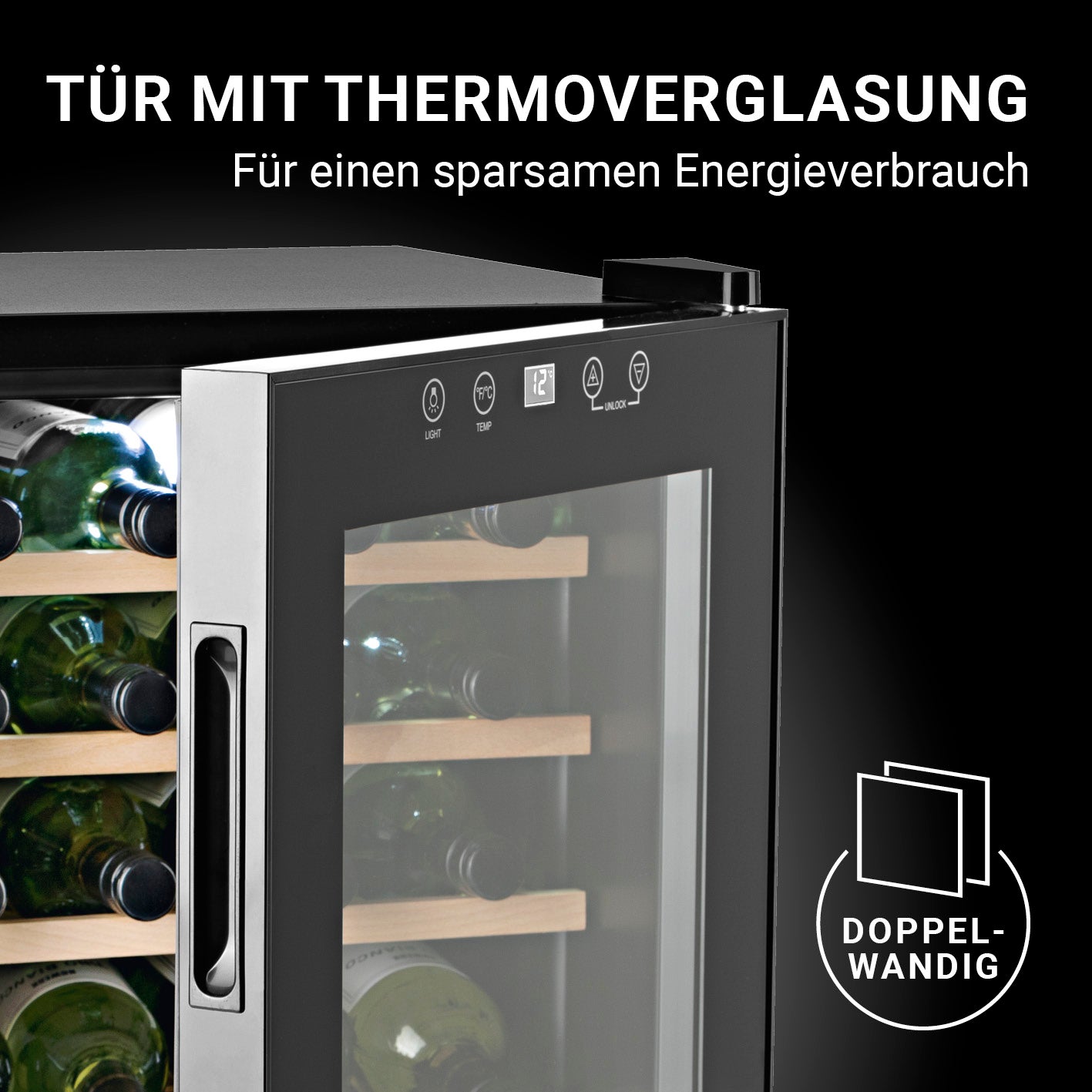 Weinkühlschrank - 20 Flaschen mit doppelt verglaster Tür für energiesparende, stilvolle und effiziente Weinlagerung.
