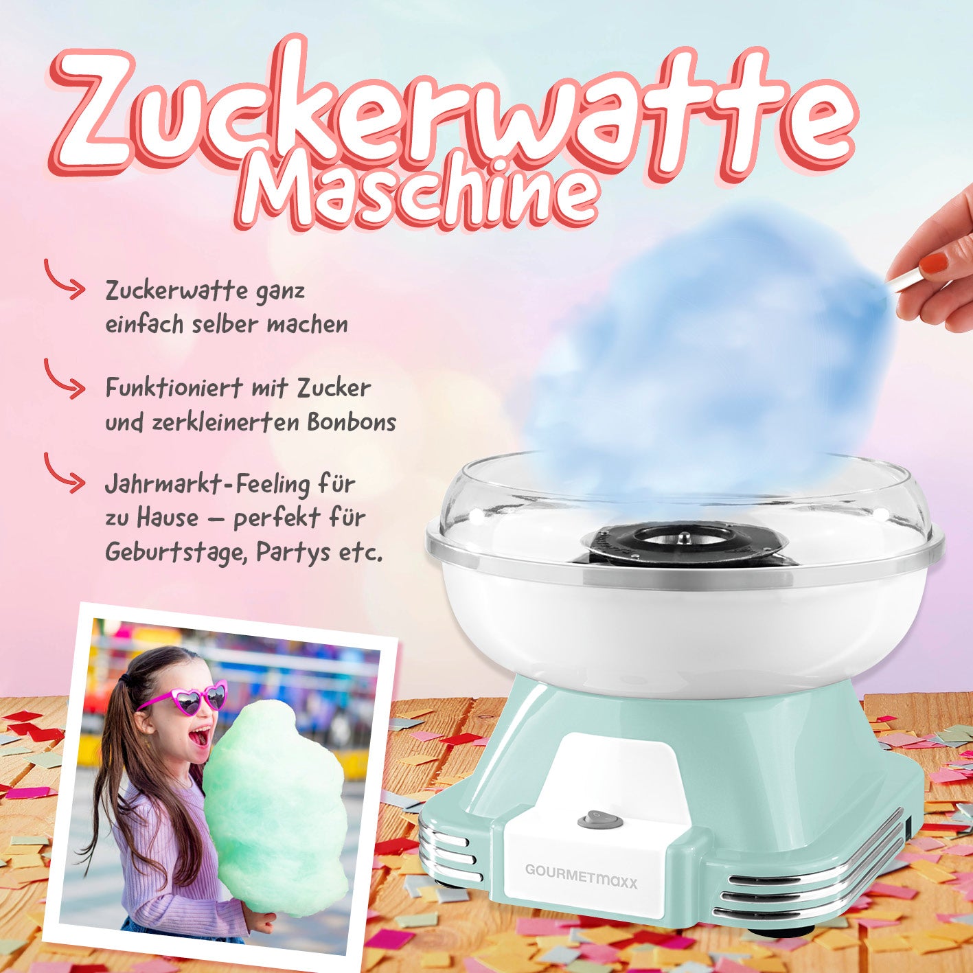 Zuckerwatte-Maschine - mint/weiß im Retro-Design, ideal für bunte Zuckerwatte bei Partys und Kindergeburtstagen.
