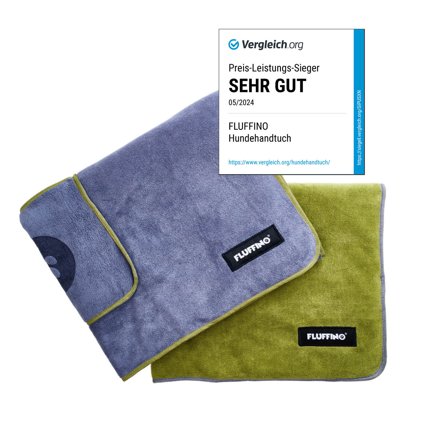 Hundehandtuch Mikrofaser – 2er-Pack - 90 x 50 cm - Grau & Grün, extra saugfähig, schnelltrocknend, ideal für kleine und mittelgroße Hunde.