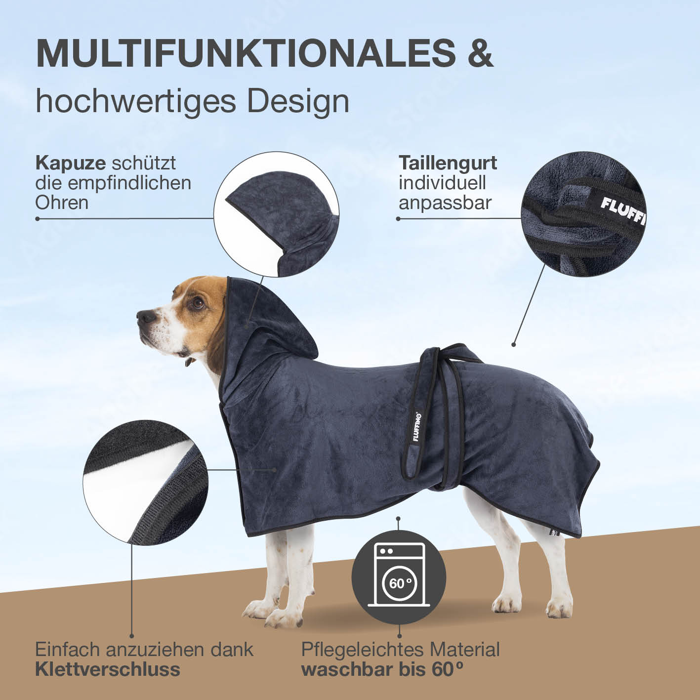 Hundebademantel - Größe L - beige/blau