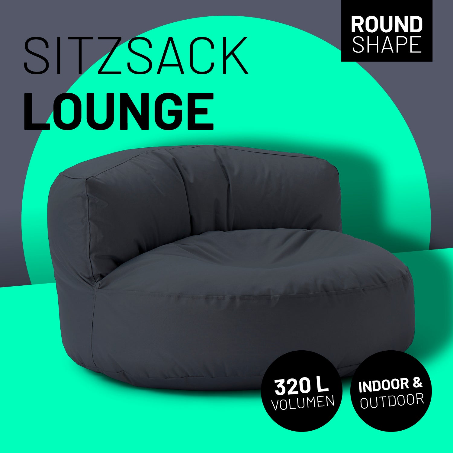 Sitzsack Lounge (320 L) in Stahlgrau, modern und gemütlich für indoor & outdoor, langlebig mit hochwertiger EPS-Perlenfüllung.