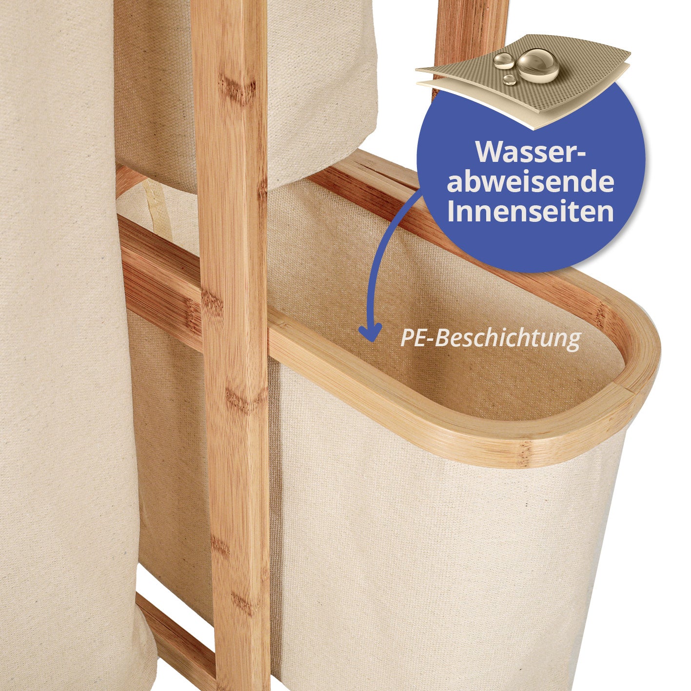 Bambus Wäschekorb - 1 XL Fach + 2 Kompaktfächer - 49,5 x 33 x 71 cm - Beige