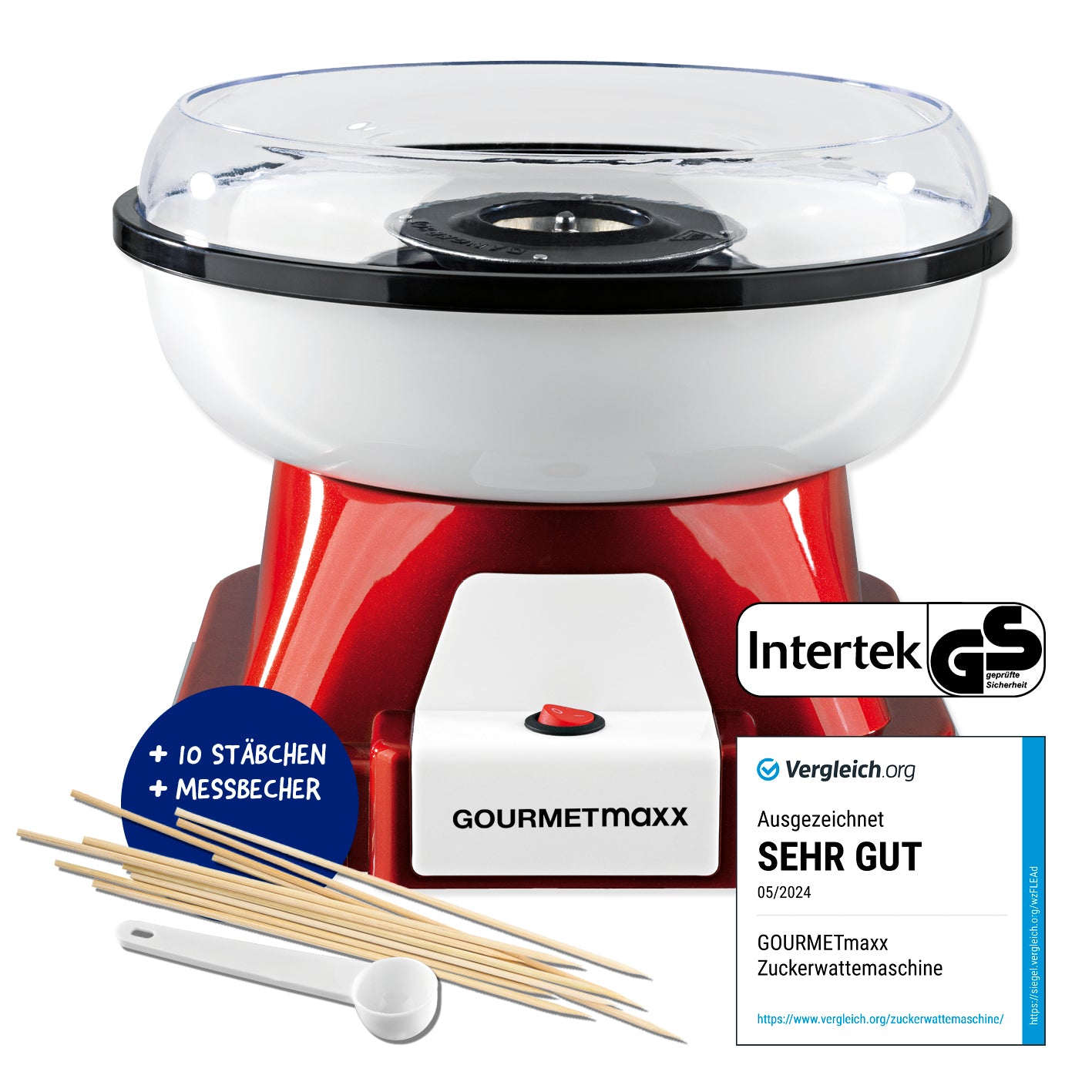 Zuckerwatte-Maschine - rot/weiß im Retro-Design mit abnehmbarer Schüssel, transparentem Spritzschutz und Zubehör von GOURMETmaxx.