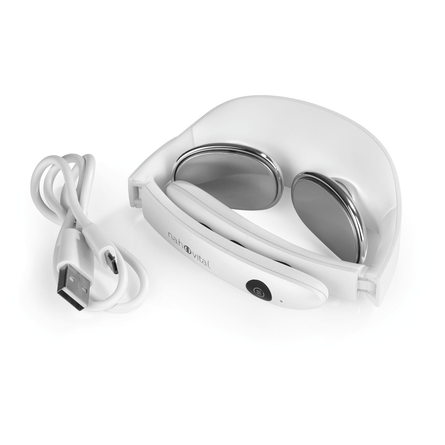 Kompakt-Nackenmassagegerät mit akkubetriebenem EMS, 5 Massagemodi, Wärmefunktion und USB-Ladekabel, tragbar und faltbar.