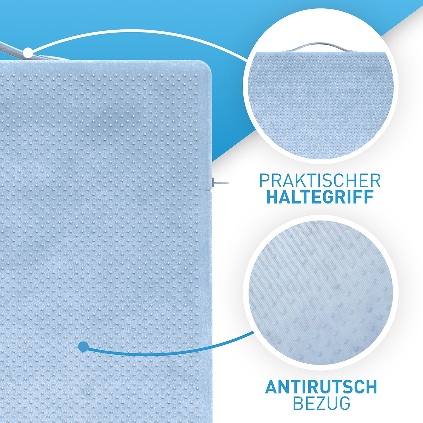 Stuhl-Keilkissen mit Samtbezug - Blau mit praktischer Haltegriff und rutschfestem Noppenbezug für komfortables Sitzen überall.
