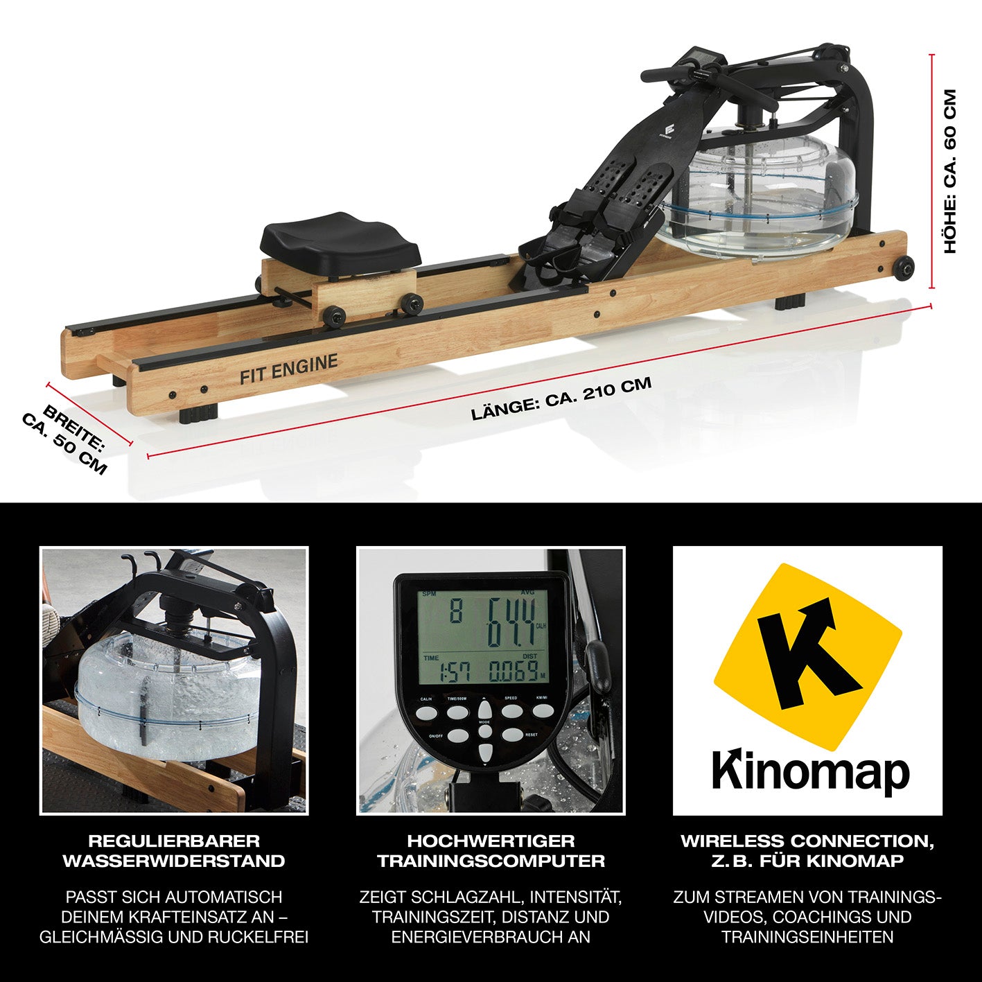 Wasser-Rudergerät Smart mit einstellbarem Wasserwiderstand, Trainingscomputer und Kinomap-kompatibler Wireless-Verbindung.