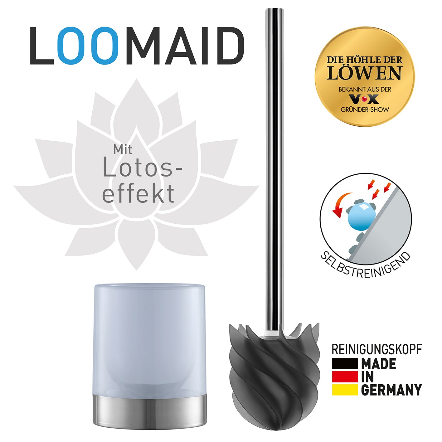 WC-Bürste Silikonkopf Edelstahl/anthrazit mit Bürstenhalter, selbstreinigend mit Lotos-Effekt, langlebig und hygienisch, Made in Germany.