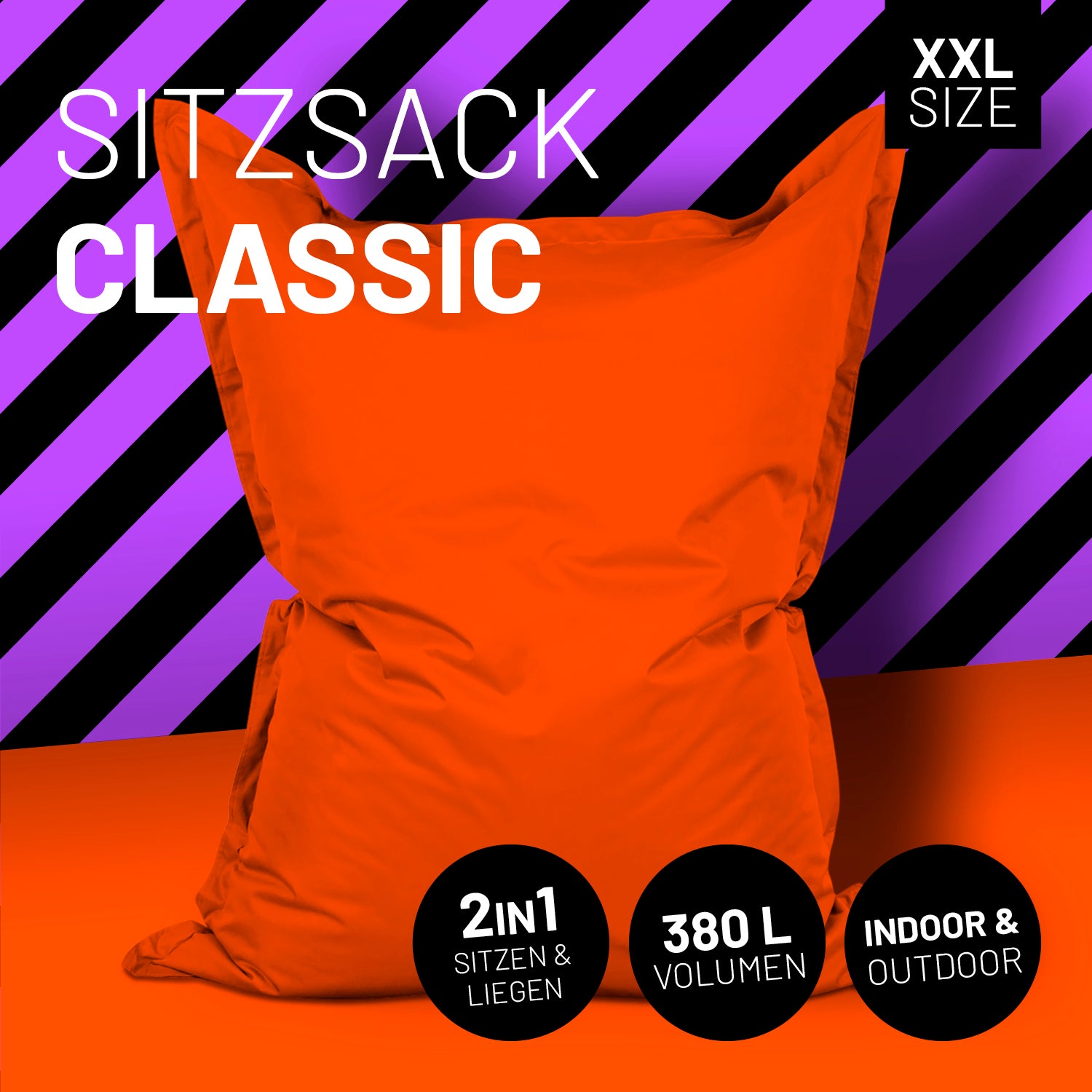 Sitzsack Classic XXL (380 L) in Orange – vielseitig für drinnen & draußen, 2in1 Sitz- und Liegekomfort, pflegeleicht, robust mit großem Volumen.