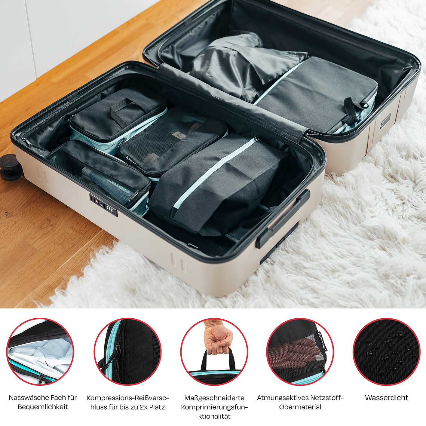Packtaschen mit Kompression - 6er-Set - Schwarz, leicht, robust, mit Nasswäschefach und Kompressionsfunktion für mehr Stauraum im Koffer.