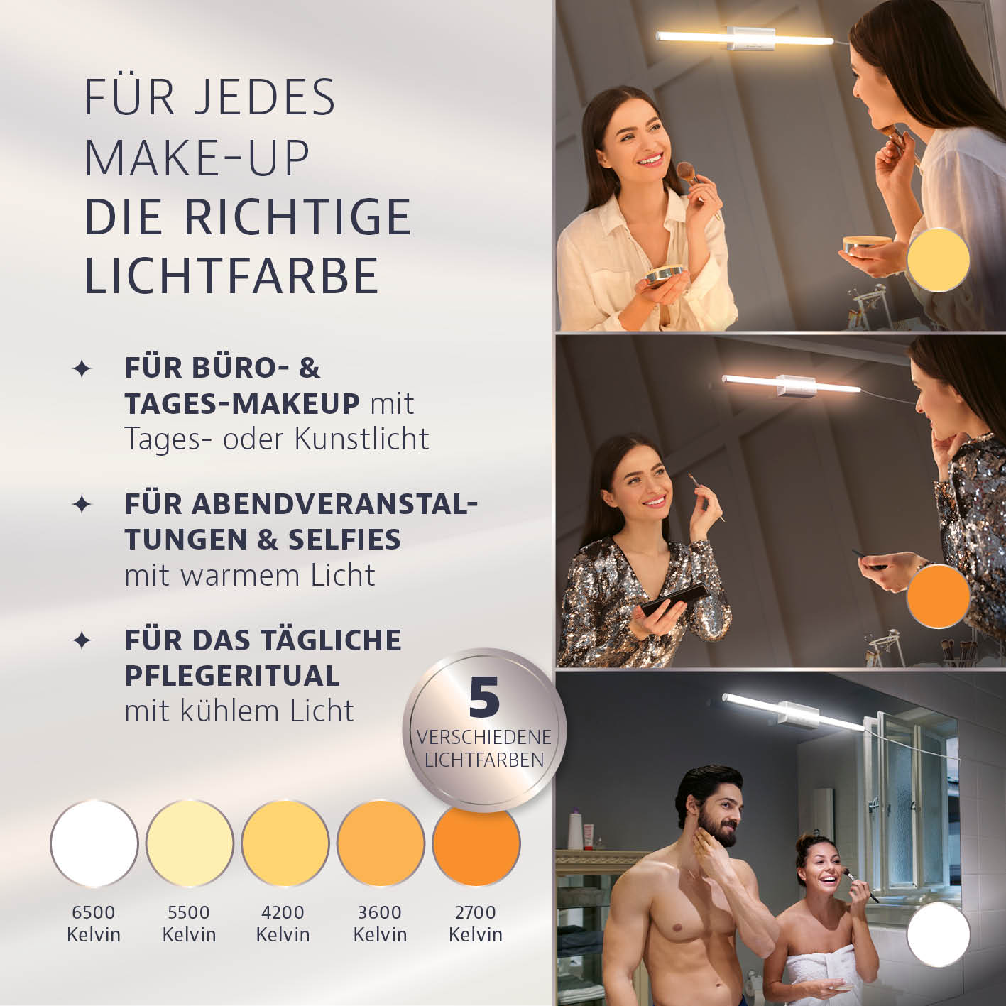 LED-Spiegelleuchte 5-in-1 Glamour Edition mit 5 Lichtfarben für Make-up, Büro, Abend und tägliches Pflegeritual, stufenlos dimmbar.