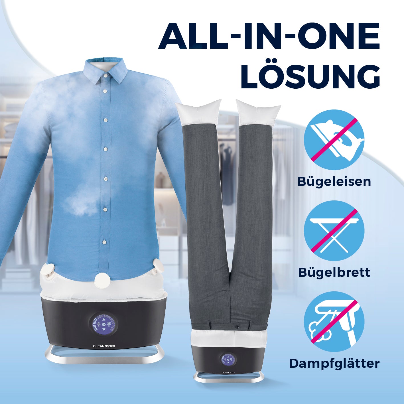 Hemdenbügler PRO STEAM mit Hosenaufsatz in Schwarz, vollautomatisch trocken, bügeln und auffrischen ohne Bügeleisen.