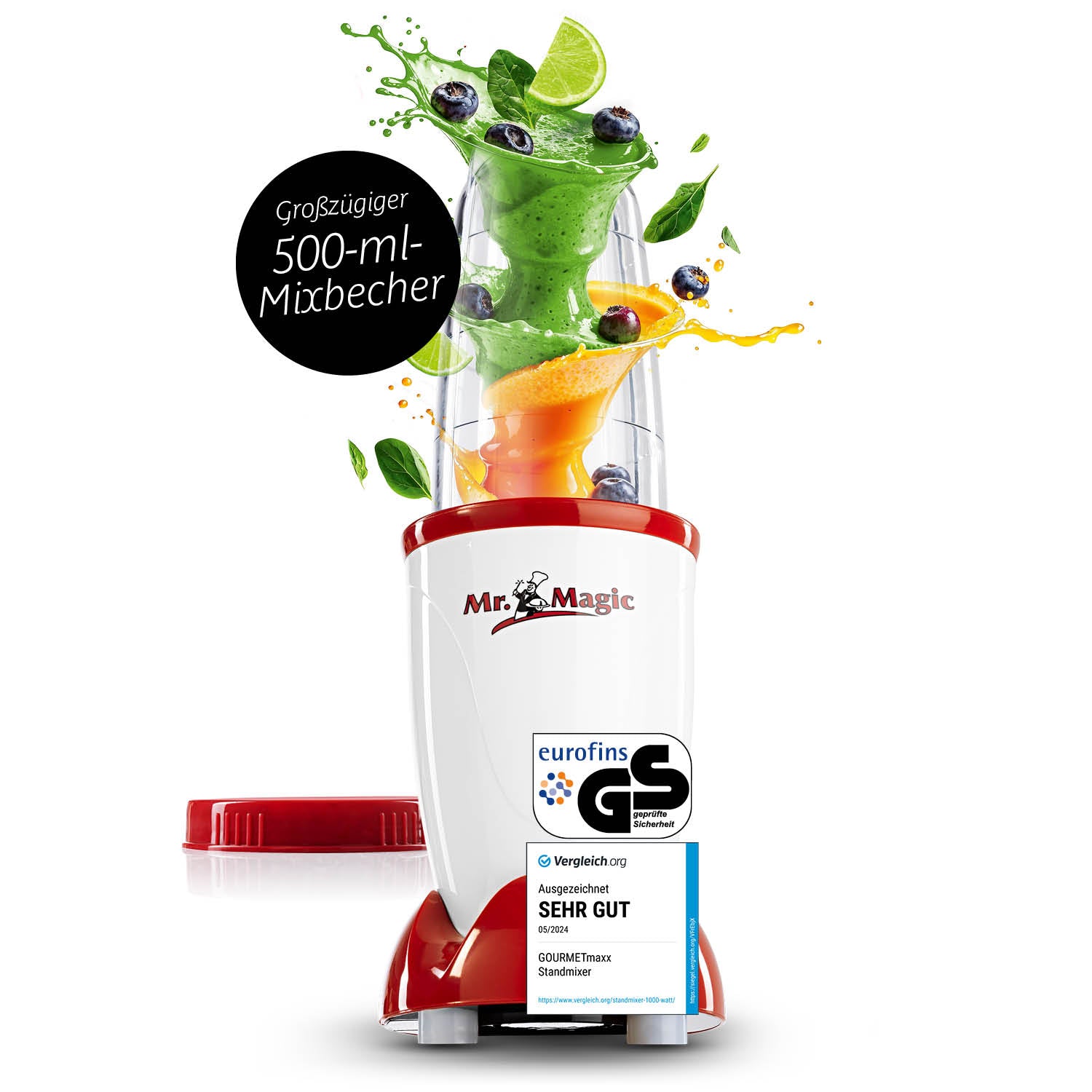 Mr. Magic Mixer - Weiß/Rot mit 500-ml-Mixbehälter, 250 Watt Motor für frische Smoothies und vielseitiges Mixen.