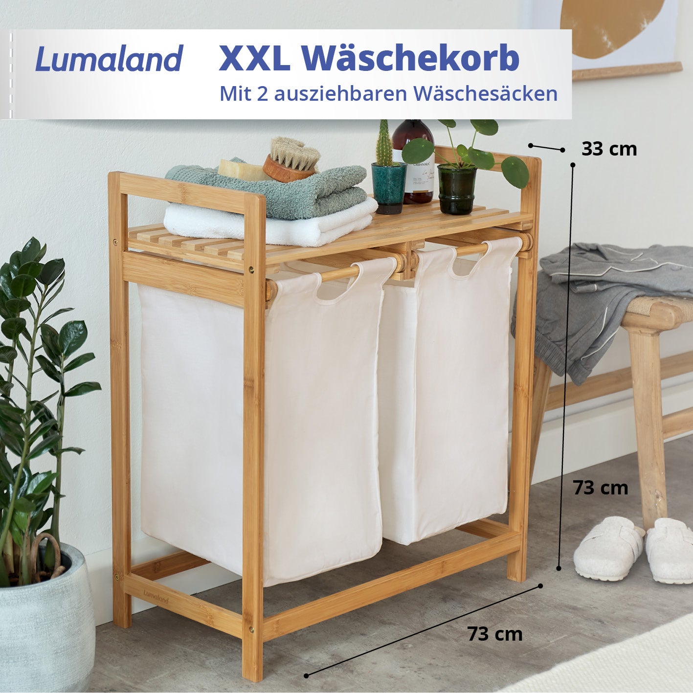 Bambus Wäschekorb mit 2 ausziehbaren Wäschesacken - 73 x 64 x 33 cm - Weiß