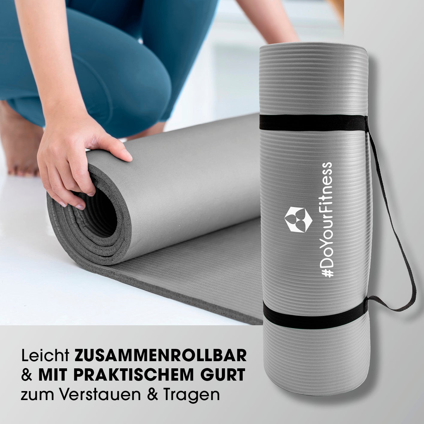 Fitness- und Gymnastikmatte - 183 x 61 x 1,5 cm - Grau, rutschfest, robust, zusammenrollbar mit Tragegurt, ideal für Yoga und Gymnastik.
