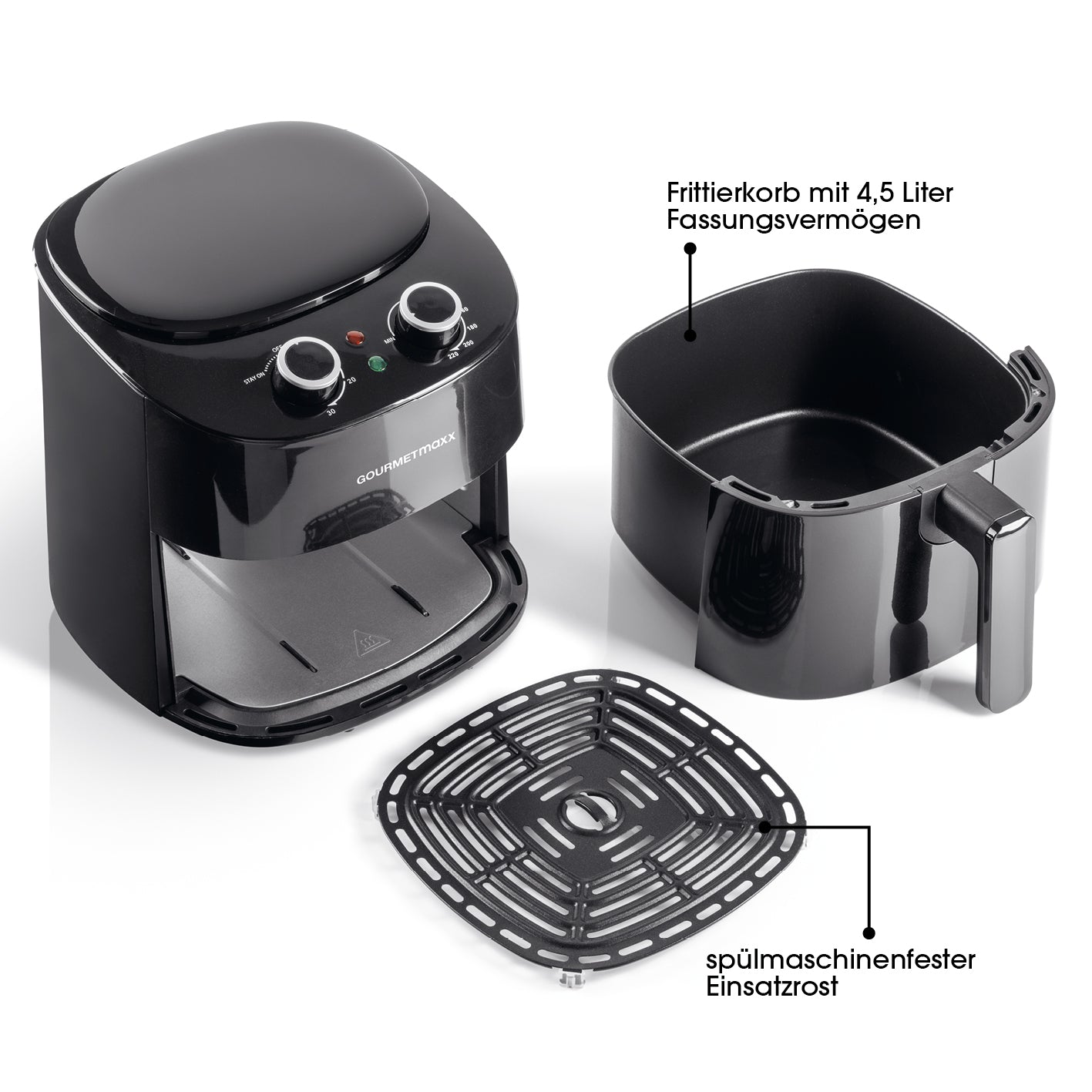Heißluft-Fritteuse Mechanisch 4,7l Schwarz mit 4,5 l Frittierkorb und spülmaschinenfestem Einsatzrost für fettarmes Garen.
