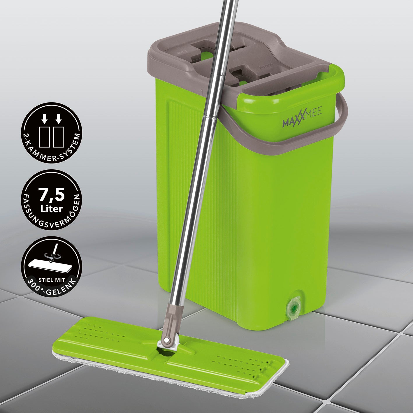 Komfort-Mopp Smart 7,5 l - Eimer mit 2-Kammer-System und Auswring-Mechanismus, limegreen, ideal für schonendes Wischen.