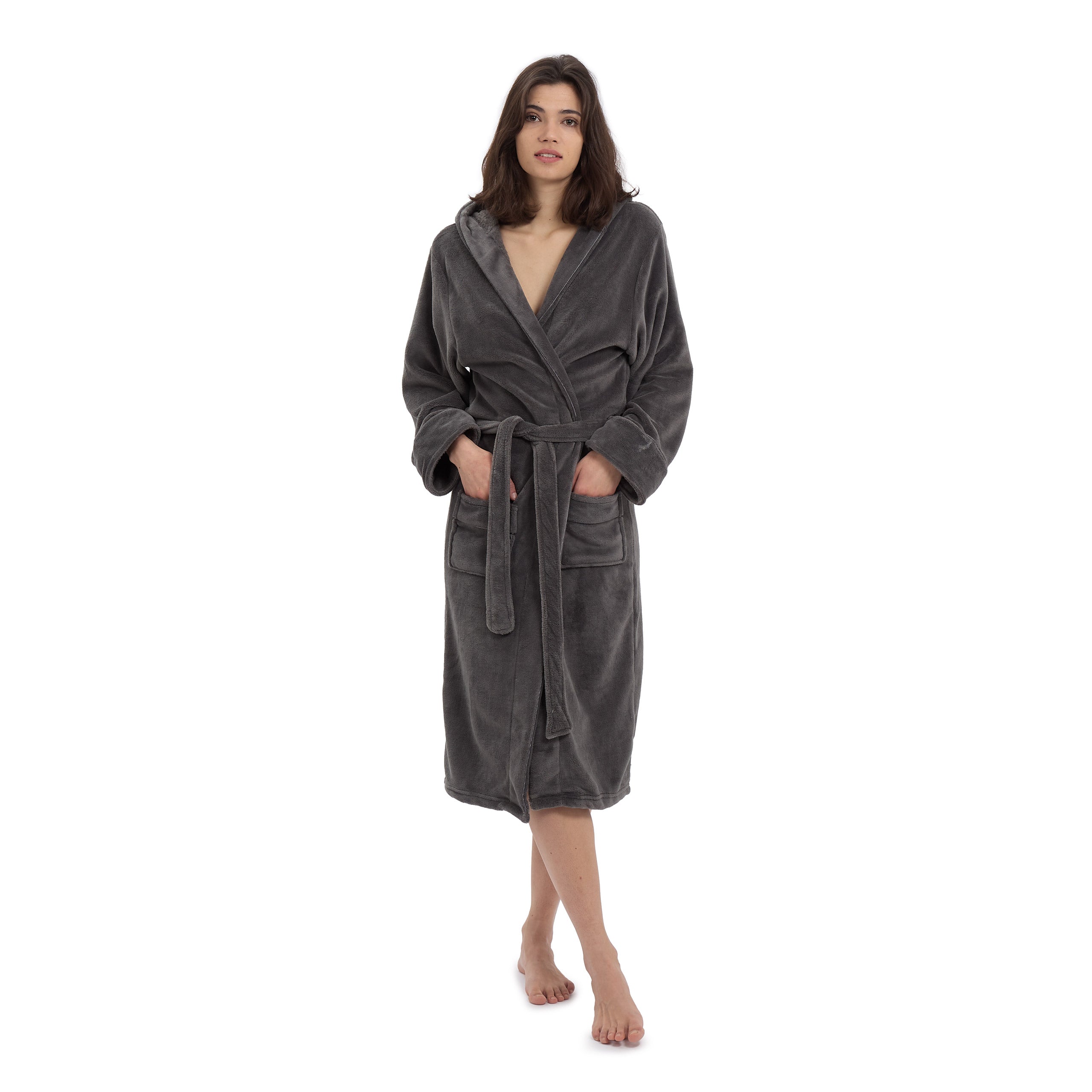 Luxury Mikrofaser Bademantel mit Kapuze für Damen und Herren in Grau, Größe S, weich, flauschig und schnelltrocknend.