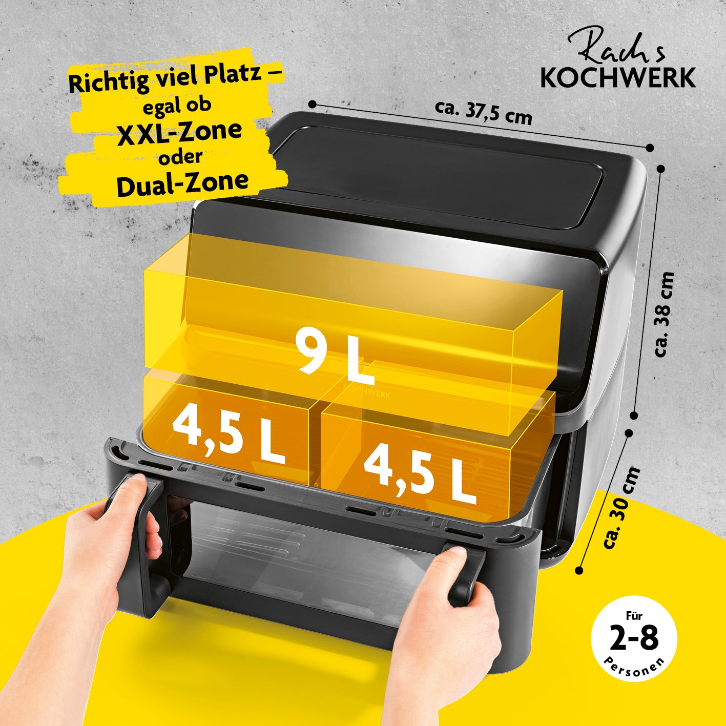 Heißluft-Fritteuse Vario-Doppelkammer 9l mit teilbarer Kammer, Dual-Zone und großem Fassungsvermögen für 2-8 Personen.