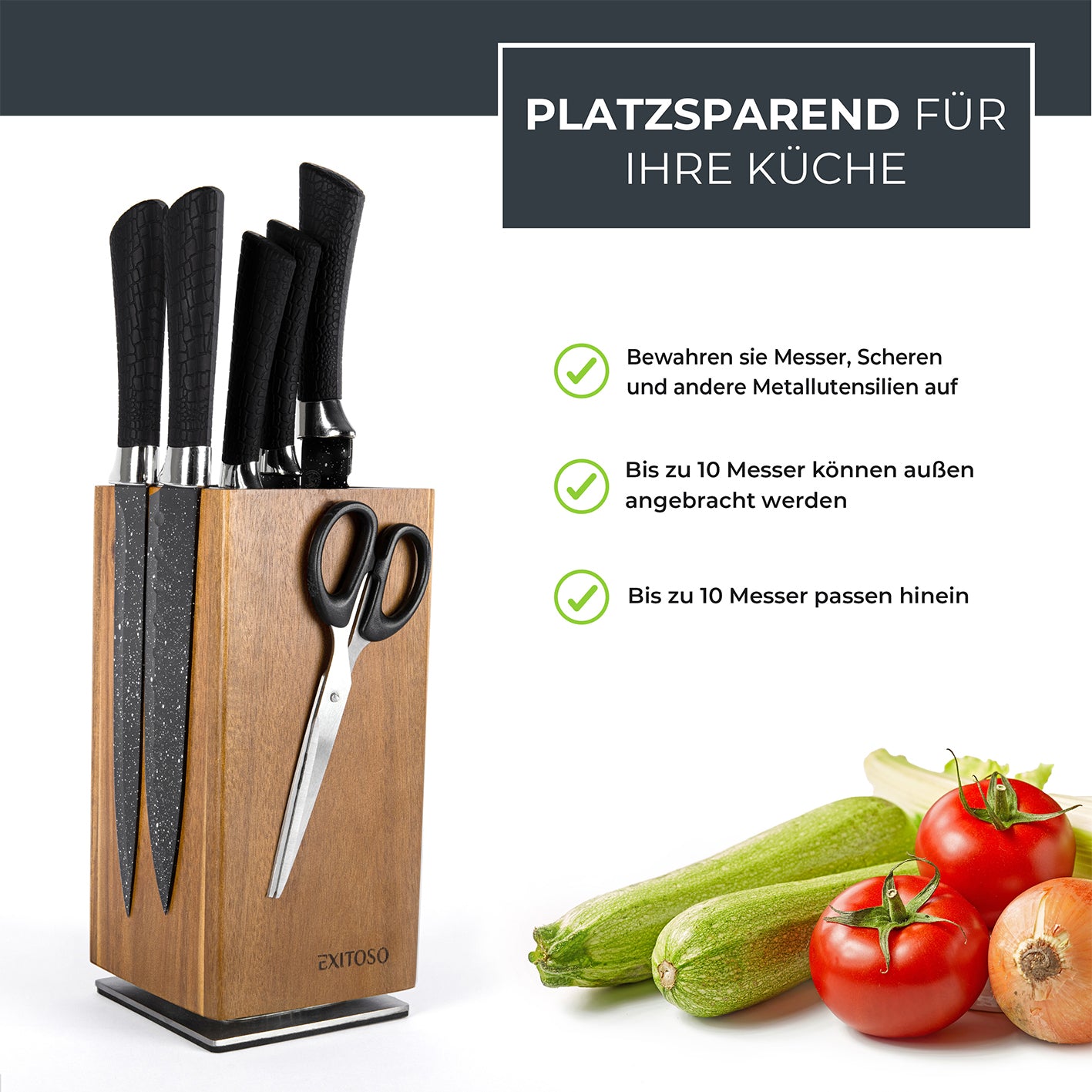 360°-Messerblock - Akazie - für max. 20 Messer, magnetisch, platzsparend, mit Borsteneinsatz und Aufbewahrung für Küchenutensilien.