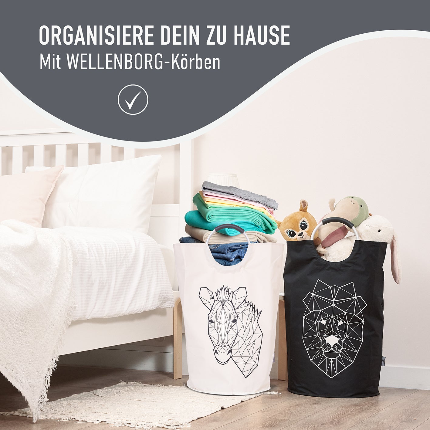 Faltbarer Wäschekorb - 2er Set - Motiv Löwe & Zebra, wasserabweisend, faltbar, mit robusten Henkeln, ideal für Wäsche und Aufbewahrung.