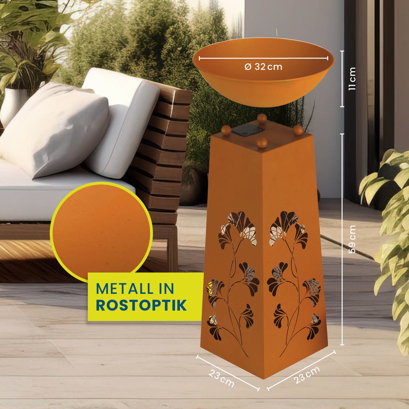 LED Pflanzsäule in Rost-Optik mit Gingkoblätter-Design, abnehmbarer Pflanzschale, LED-Beleuchtung und wetterfestem Metall.
