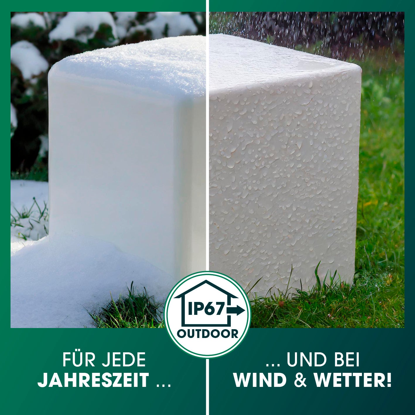 Solar-Leuchte Dekowürfel zeigt robuste Wetter- und Winterbeständigkeit mit IP67 Schutz und moderner Würfelform.