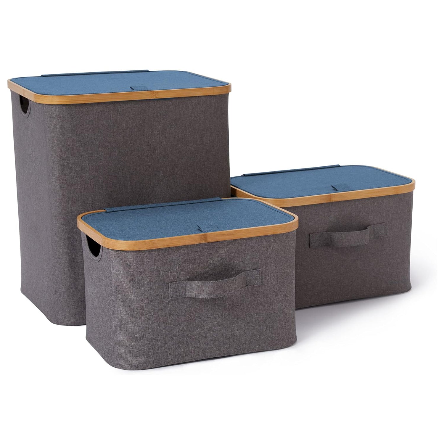 Aufbewahrungsbox mit Bambus-Rahmen - 3er-Set in Grau/Blau, faltbar, mit Deckel, stabile Aufbewahrung für verschiedene Räume.