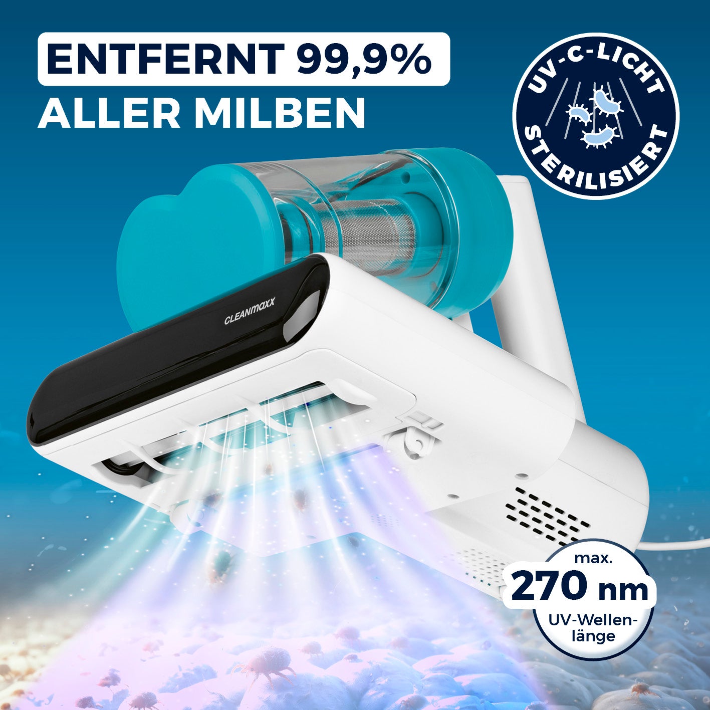 Milbensauger Rotation - blau/weiß entfernt 99,9 % Milben mit UV-C-Licht, 3-Stufen-Filtersystem und Ultraschallfunktion für saubere Textilien.