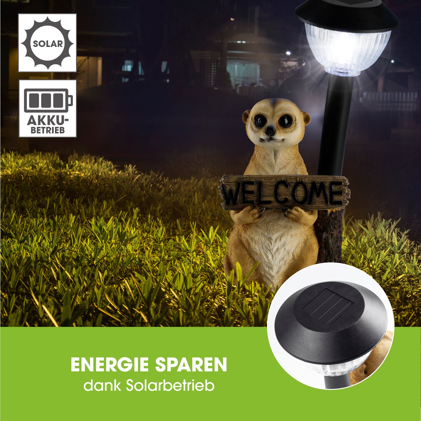 Solarleuchte Erdmännchen mit Laterne/Schild, solarbetrieben, LED-Licht, mit Welcome-Schild und Dämmerungssensor, dekorativ und handbemalt.