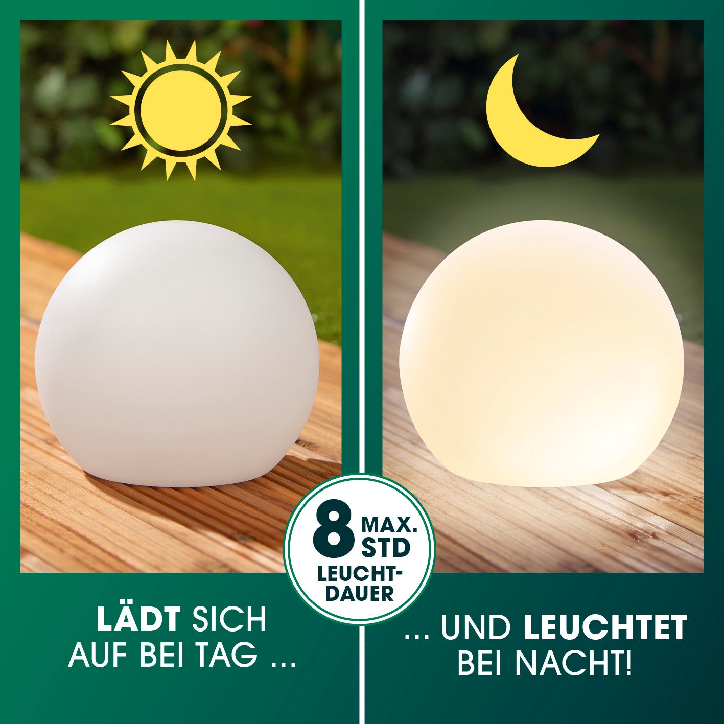 Solar-Dekokugel mit Farbwechsel lädt sich tagsüber über Solarpanel auf und leuchtet nachts mit warmweißem Licht und Farbwechsel.