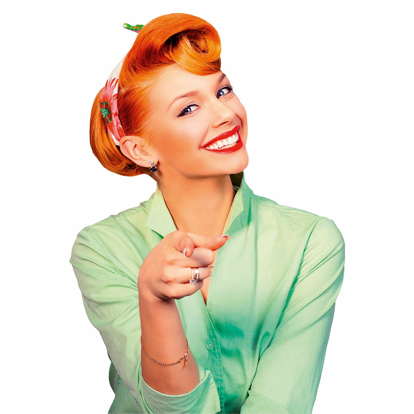 Frau im 50er Jahre Stil mit Retro-Radio - mint, stilvoll, fröhlich und farblich passend zum Produktdesign.
