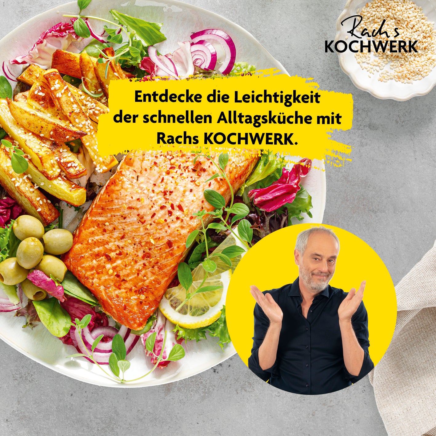 Heißluft-Fritteuse Digital 4,2l mit Erinnerungsfunktion zeigt gebratenen Lachs mit Gemüse und gesunder Alltagsküche.