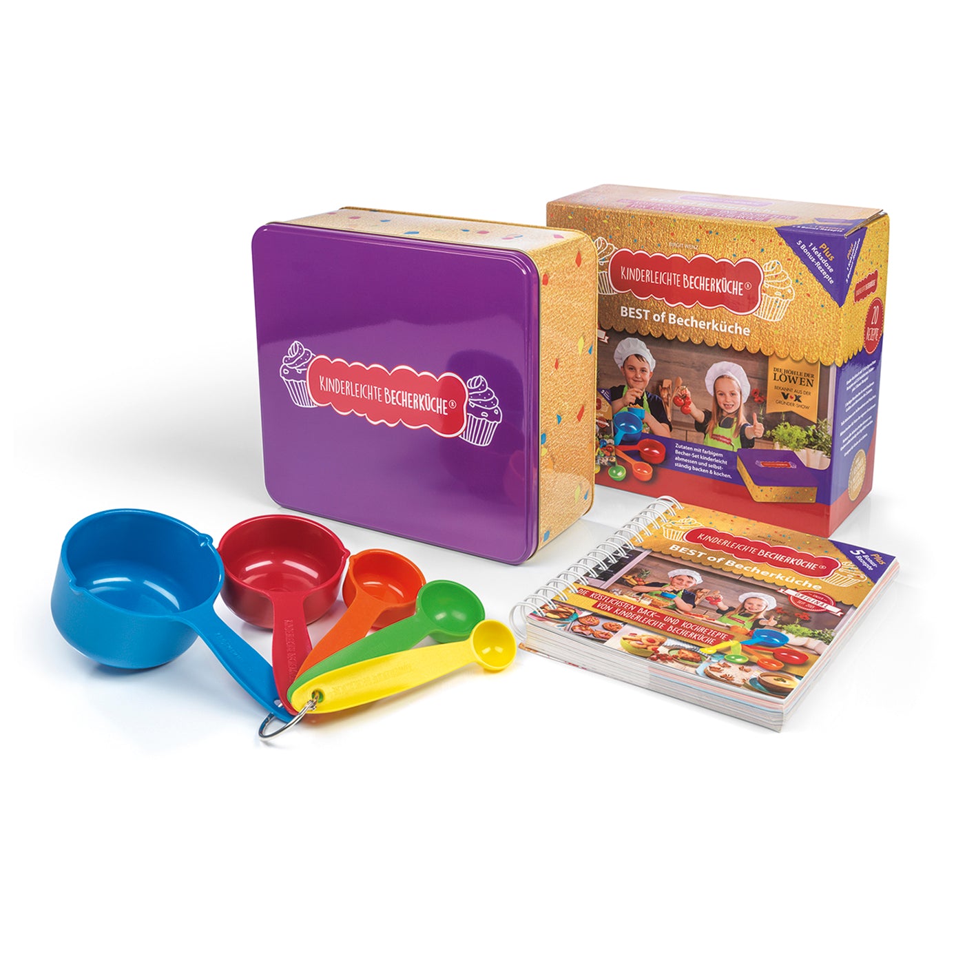 BEST of Becherküche (Back- und Kochbuch, 5 Messbecher, Keksdose) mit farbigen Messbechern, Keksdose und Rezeptbuch für Kinder ab 4 Jahren.