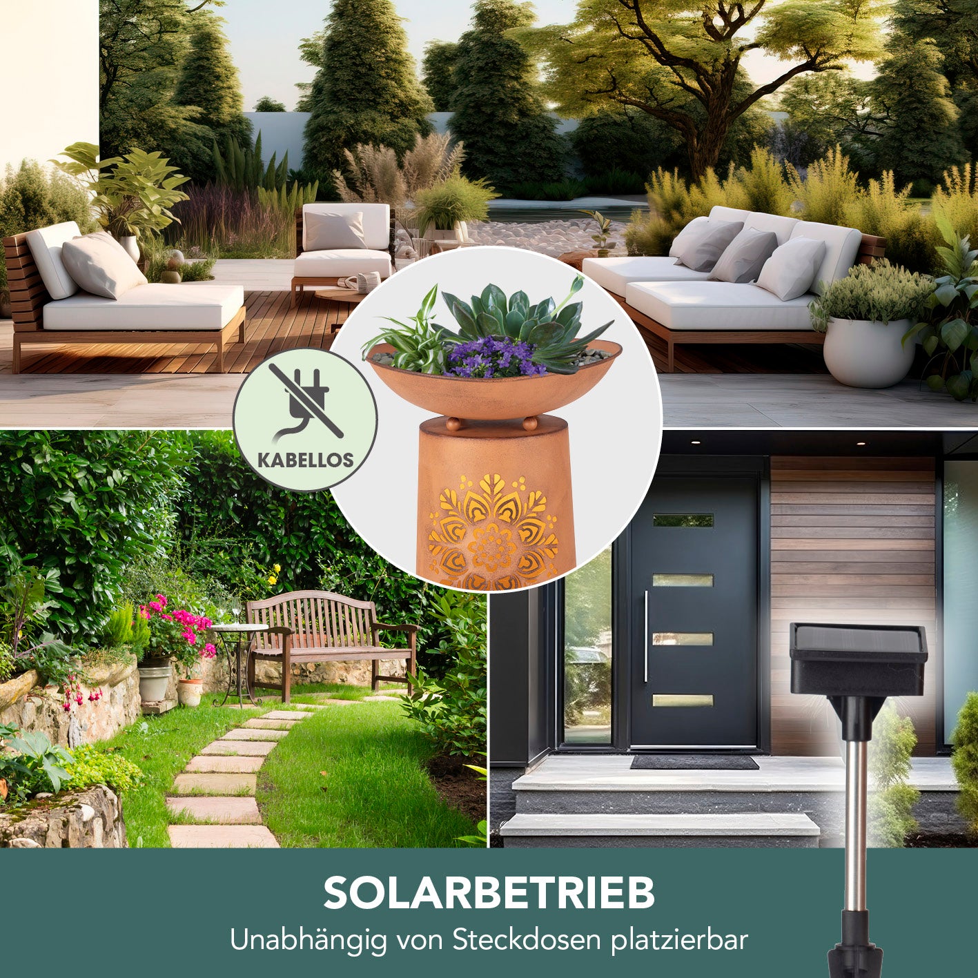 LED-Dekosäule mit Pflanzschale - Rost-Optik Mandala mit Solar-LED, Pflanzschale, rostigem Mandala-Design für Terrasse und Garten.