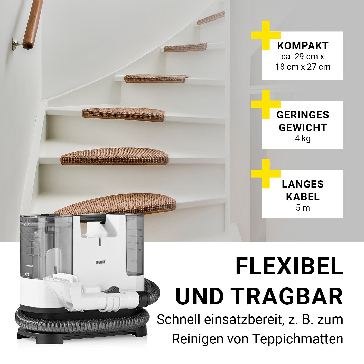 Waschsauger Portable Clean kompakt, leicht, mit langem Kabel, ideal für flexible Reinigung und tragbaren Einsatz zuhause.