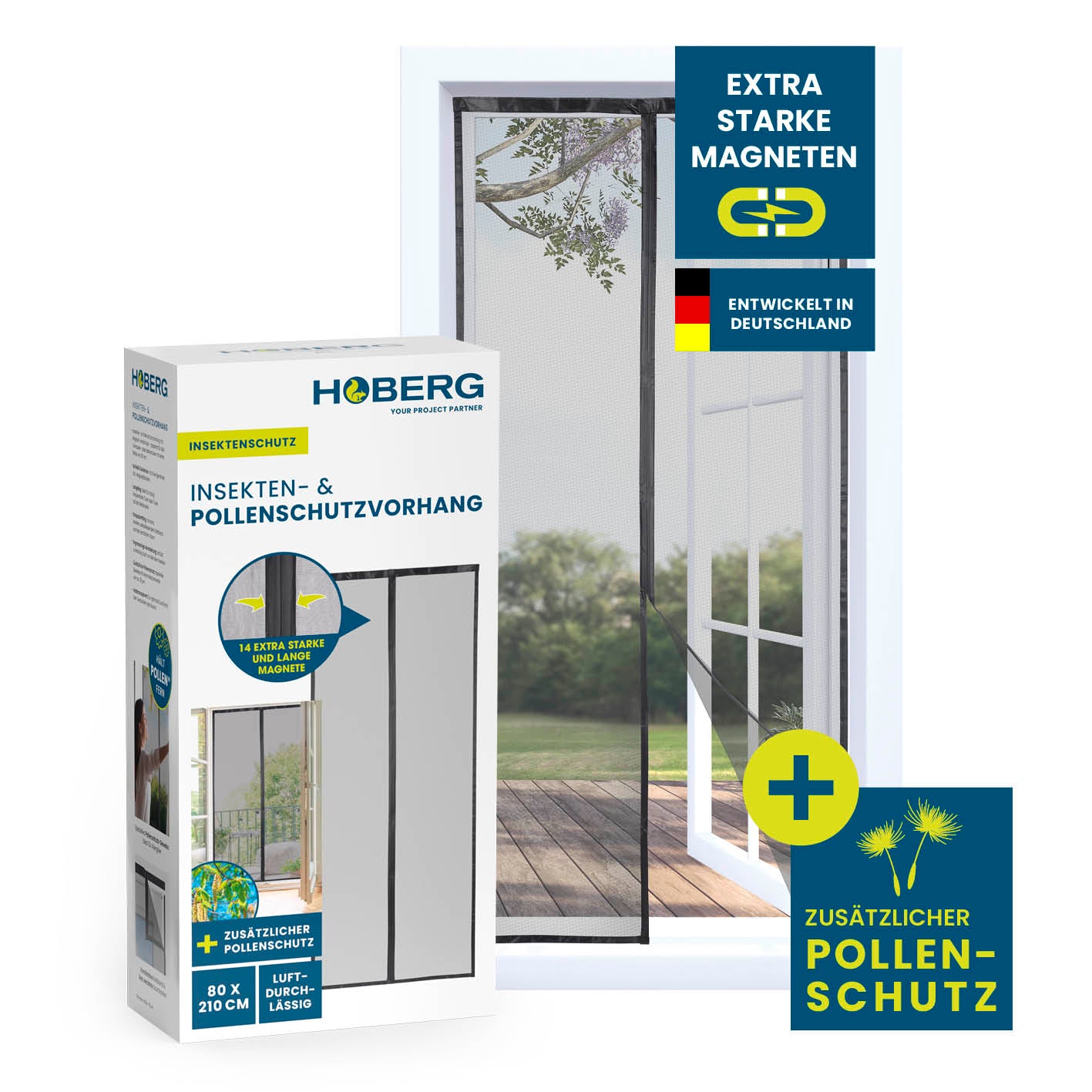 Insekten- & Pollenschutzvorhang – 80 x 210 cm mit 14 Magnetbändern, schützt vor Insekten und Pollen, luftdurchlässig, von HOBERG.
