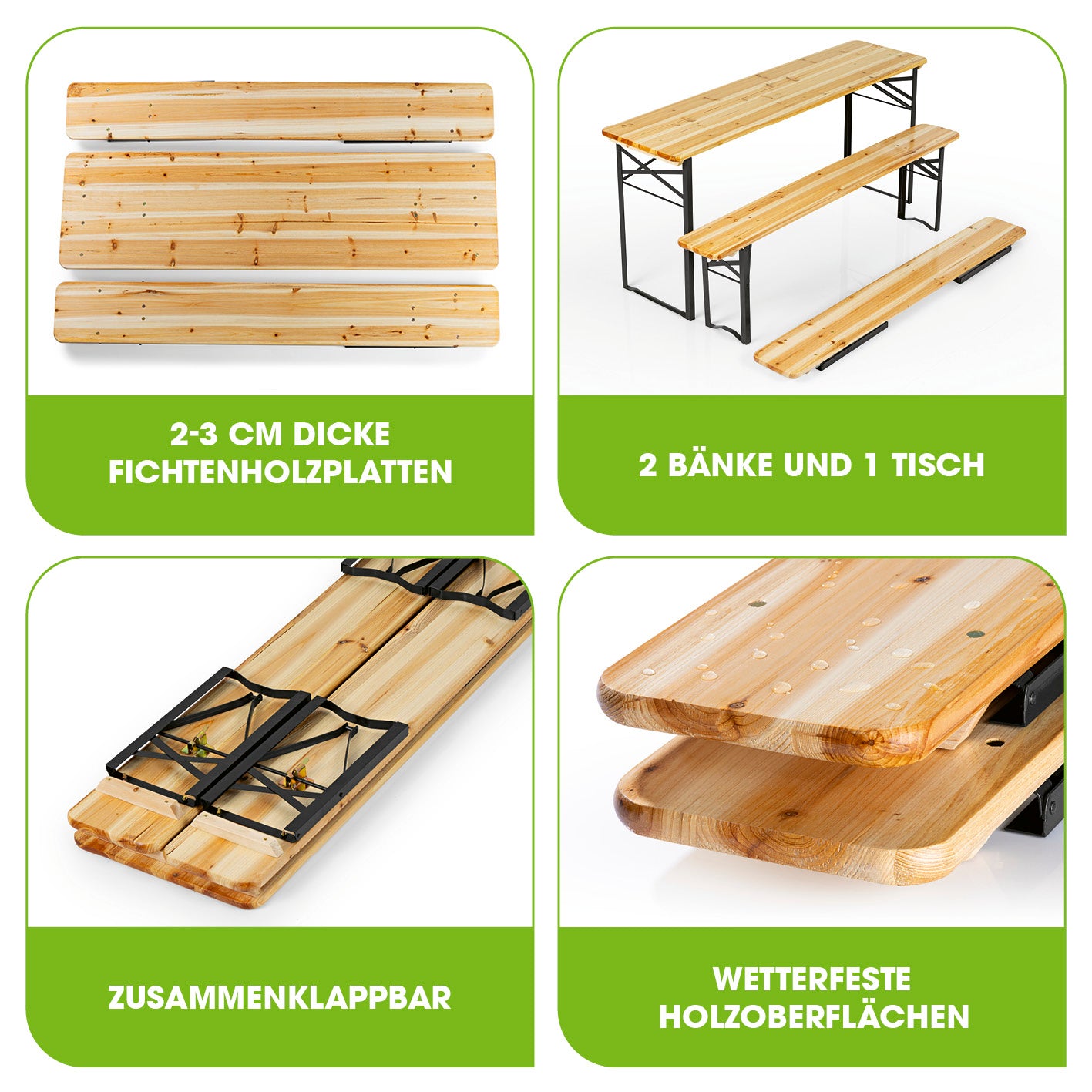 Bierzeltgarnitur Set (1 Tisch mit 2 Sitzbänken) 170 cm aus wetterfestem Fichtenholz mit schwarzem Stahlgestell, klappbar und langlebig.